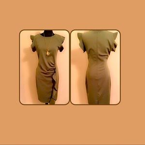 Green Ruffle Trim Rushed Dress